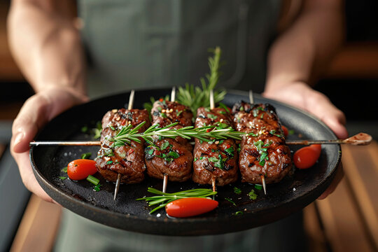 Chef showcasing perfectly cooked beef skewers garnished with fresh herbs and cherry tomatoes for a refined dining experience