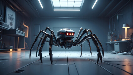A futuristic mechanical spider with a sleek metallic body and glowing blue eyes stands prominently. The spider legs are jointed and detailed, displaying advanced technology