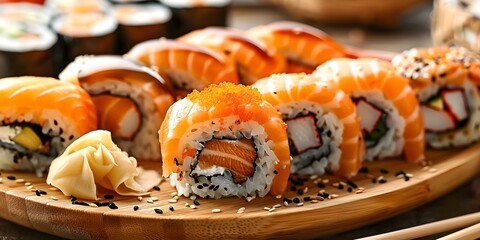 Closeup of assorted sushi on wooden plate with wasabi and ginger. Concept Japanese Cuisine, Food Photography, Sushi Presentation, Culinary Art, Asian Food