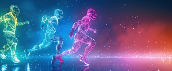 Futuristic Football Players With Neon Patterns In Motion With Copy Space, Football Background