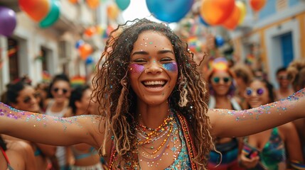 A dynamic wide-angle shot capturing a ladyboy leading a Pride Month parade, surrounded by a diverse group of people celebrating with joy and enthusiasm