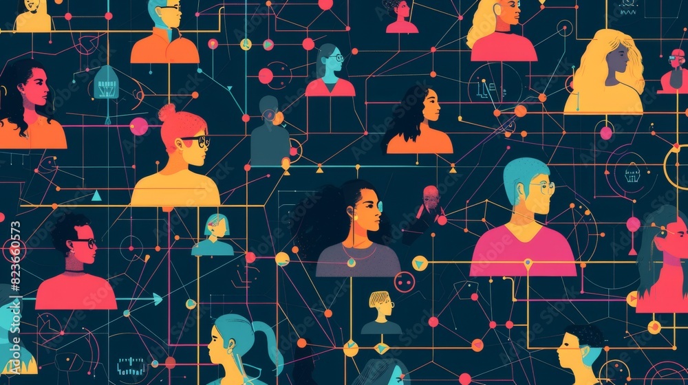 Wall mural dark-themed abstract depicting a network of various human faces interconnected, reflecting themes of