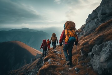 A group of mountaineers is seen hiking up a steep rock face, pushing themselves to conquer the challenging terrain on the mountain