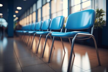 Obraz premium A row of blue chairs in a modern waiting area with large windows letting in natural light, creating a calm and inviting atmosphere.