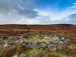 A reconstructed Bronze Age hut circle on Ilkley moor in Yorkshire. The circle in in the heather with superb views. It is a beautiful day.