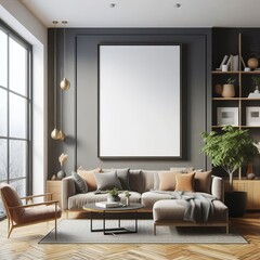 Frame mockup, ISO A paper size. Living room wall poster mockup. Interior mockup with house background. Modern interior design. 3D render illustration vector Generative Ai