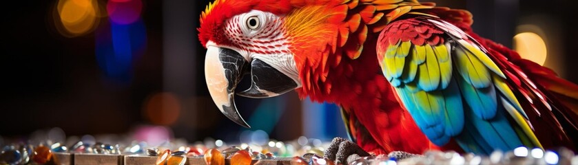 Obraz premium A parrot interacting with colorful beads during a jewelrymaking class, exploring color and sound, focus on, sensory theme, vibrant, Fusion, craft corner