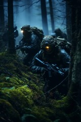 A team of soldiers in camouflage gear is moving through a dense forest. They appear to be on a stealthy patrol or mission, carefully navigating through the trees and undergrowth