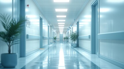 Fototapeta premium A pristine hospital corridor with bright, clean lighting and potted plants.