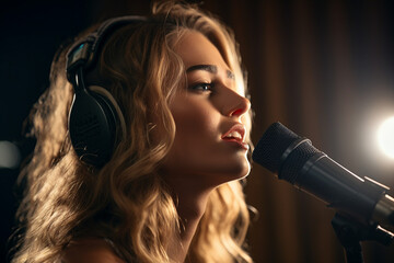 Radio podcast deejay near microphone recording news song program live broadcasting Generative AI