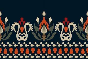 Embroidered Ikat flower pattern on a black background. Traditional ethnic ikat, Aztec abstract vector pattern, seamless pattern in tribal, folk embroidery and Mexican style.