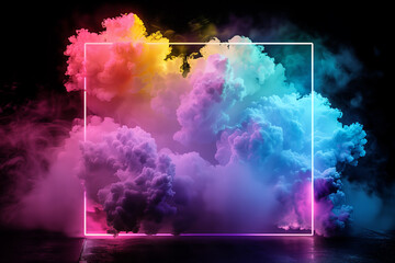 Colorful Smoke Explosion in Neon Frame on Black Background – Perfect for Advertising, Festivals, and Dynamic Visuals