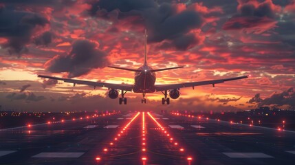 Airplane Landing on Runway at Sunset with Vibrant Sky Colors
