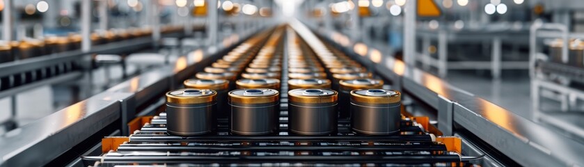 Conveyor belt with canned goods in a factory setting showcasing automated manufacturing and food production processes.