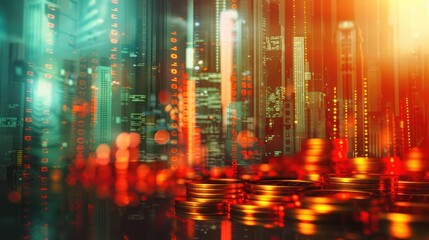 financial analytics and monetary assets through a captivating double exposure featuring graphs, stock displays, and rows of coins, illustrating key concepts in finance and banking.