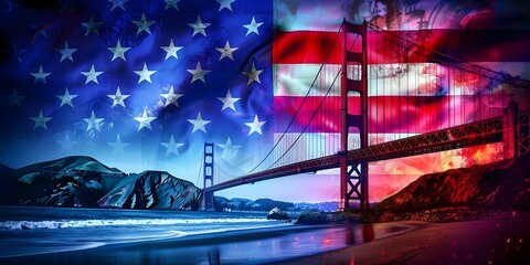 Nostalgic Fusion: American Flag and Golden Gate Bridge Artistic Blend. Concept Nostalgia, Fusion, American Flag, Golden Gate Bridge, Artistic Blend