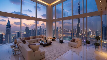 A stunning view of a modern city from a penthouse living room.