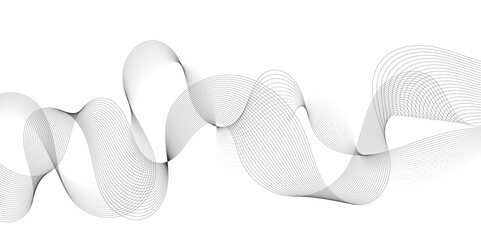 Abstract grey, white smooth element swoosh speed wave modern stream background. Wave with lines created using blend tool. Abstract frequency sound wave lines and twisted curve lines background.