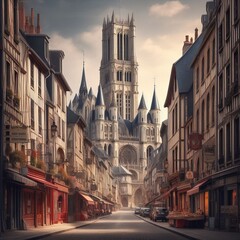 Fototapeta premium The Tower of St Romain Church, Rouen, from Rue Horlogue illustration vector Generative Ai