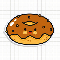 Cute funny Chocolate Donut sticker. Vector hand drawn cartoon kawaii character illustration icon. Isolated on background. Chocolate Donut card character concept