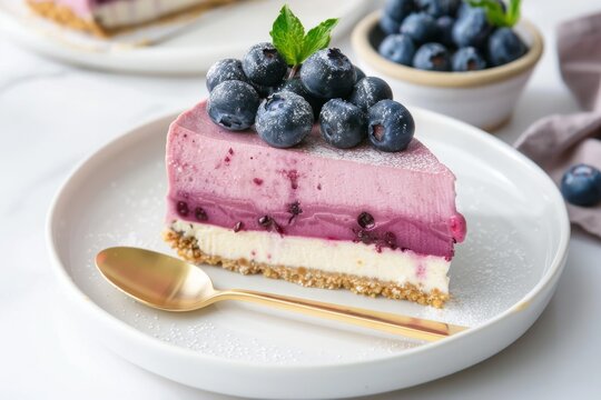 Piece of blueberry layered cheesecake on a white dessert plate along with gold demitasse spoon on a white background