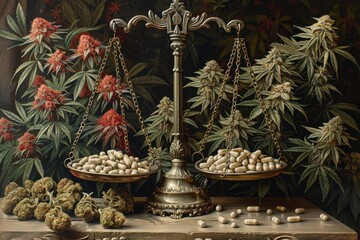Artistic scales balancing pills against cannabis buds, vintage illustration, muted colors, intricate details, Weighing medical options