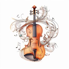 music note made of a violin with musical notes swirling around it, detailed, beautiful, elegant, and intricate on a white background, in the fantasy art style.