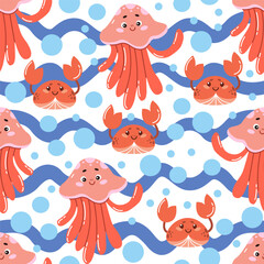 A summer vector seamless pattern with cute funny jellyfish and crabs on the background of abstract waves. Perfect for baby bedding, wallpaper, wrapping paper, fabric, textiles, T-shirt prints