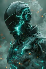 Obraz na płótnie Canvas Captivating Cyborg Mist Warrior in an Alien Technological Landscape with Intricate Exosuit Design and Glowing Synapse-like Interfaces