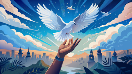 Peaceful Dove Soaring Above a Cityscape at Sunrise. Vector illustration for International Peace Day - Powered by Adobe