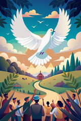 Majestic White Dove Soaring over Peaceful Countryside Gathering. Vector illustration for International Peace Day