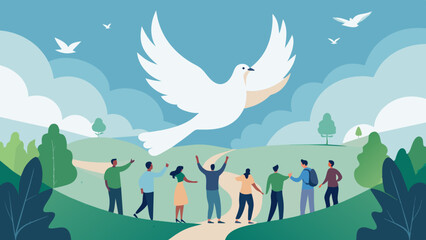 Peaceful Gathering with a Large White Dove Soaring Above. Vector illustration for International Peace Day