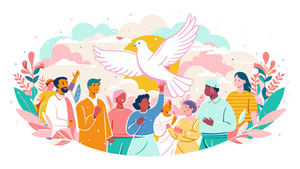 Colorful Illustration of Diverse People United for Peace with Dove. Vector illustration for International Peace Day