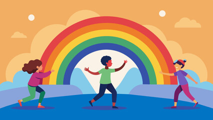 Joyful Children Playing Under Rainbow Sky Illustration. Vector illustration for International Peace Day