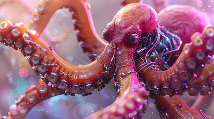 Captivating Cyborg Octopus Warrior with Articulated Cybernetic Limbs and Intense Expression against Vibrant Mist Backdrop