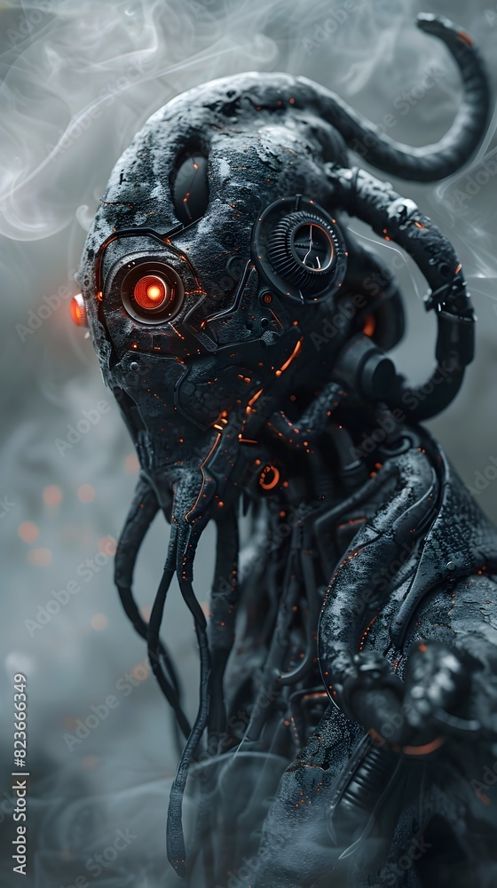 Poster Captivating Cyborg Snail Warrior:A Terrifying Synthesis of Man and Machine Shrouded in Enigmatic Smoke