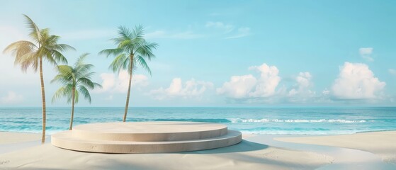 3d rendering of a blank podium stage with palm trees and blue ocean.