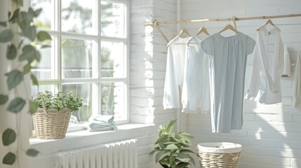 Bright Sunlit Laundry Room with Hanging Clothes and Green Plants