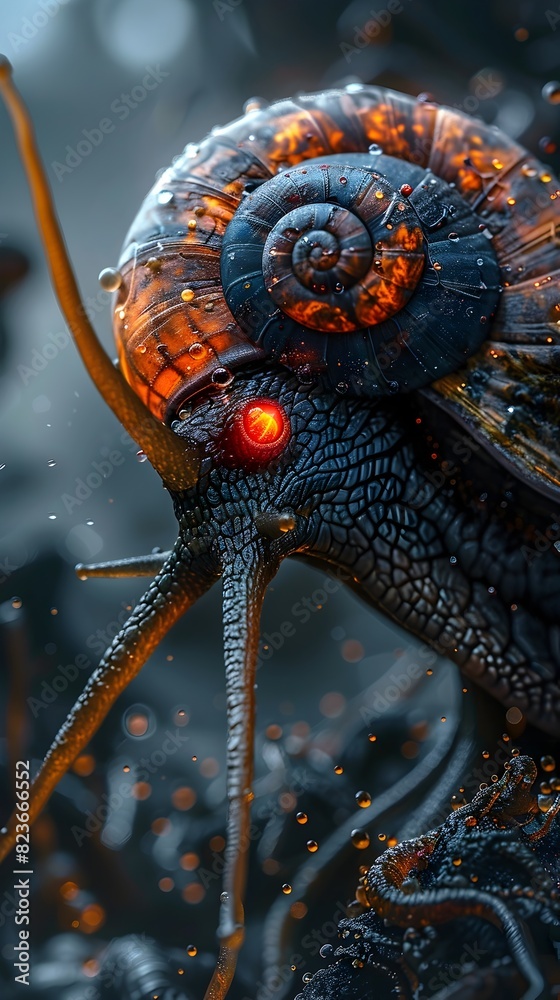 Poster Captivating Cyborg Snail Warrior with Deadly Tech and Glowing Eyes in Enigmatic Color-Shifting Smoke