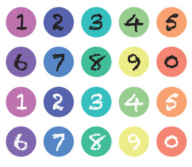 The numbers are in coloured circles. From 0 to 9. Filled points info markers. Black and white numbers on colour background.