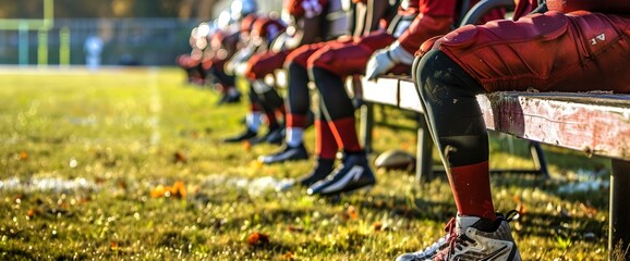 Naklejka premium Sideline Benches Filled With Football Players With Copy Space, Football Background