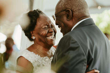 Happy black elderly couple getting married. Senior african american husband & wife renewing their vows. Candid mature bride & groom smiling on wedding day