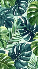 Captivating Interlocking Tropical Leaves in Striking Green and Ivory Color Scheme Forming a Visually Arresting Repeating Pattern on Soft Blue