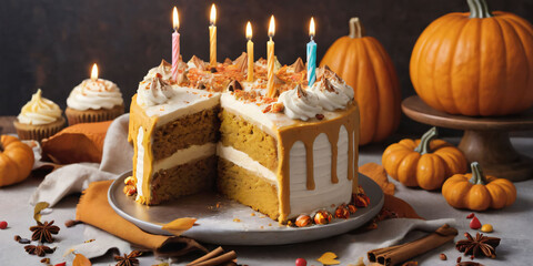 Symbols of birthday celebration. Birthday Cake.  Pumpkin Spice  cake.