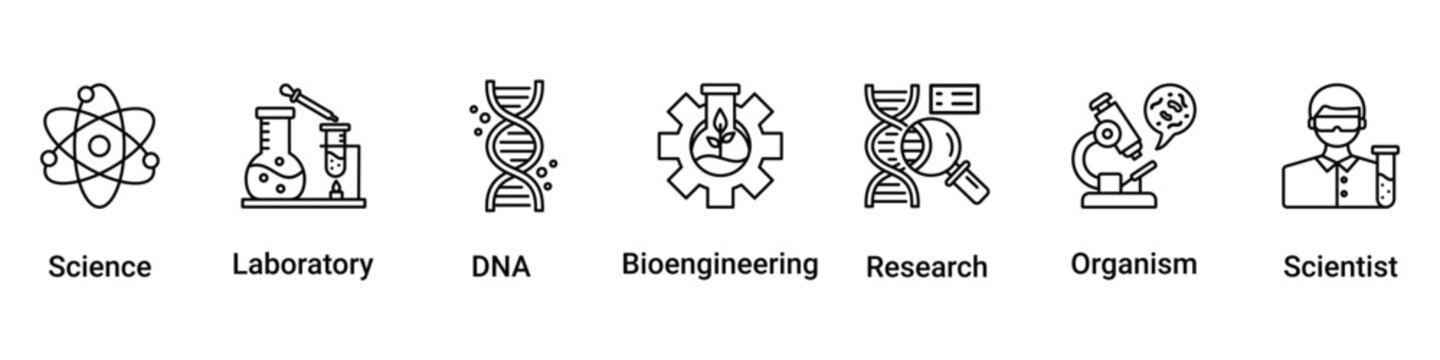 Biotechnology icon set flow process illustrationwhich consists of scientist, bioengineering, organism, research, dna, laboratory, science icon