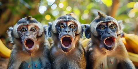 Happy monkeys with bananas mouths open in surprise. Concept Animal Photography, Wildlife Portraits, Primate Behavior