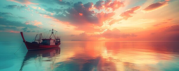 Naklejka premium Fishing boats anchored near shore, calm sea close up, focus on, copy space, soothing and picturesque shades, Double exposure silhouette with maritime elements