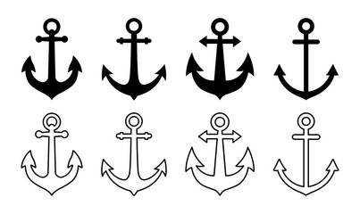 Anchors icons set. Anchor in sea.Fill and stroke.