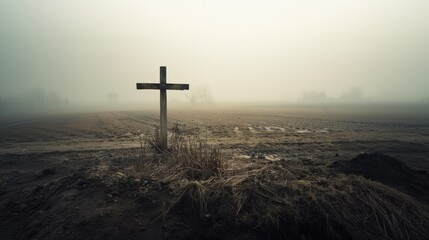 Naklejka premium Vintage Photography: solitary cross in the winter countryside. 
