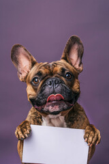 French Bulldog dog holding empty white sign in front of purple studio background